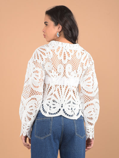 White Printed V-Neck Crochet Crop Top-Women Tops-Crimsoune Club