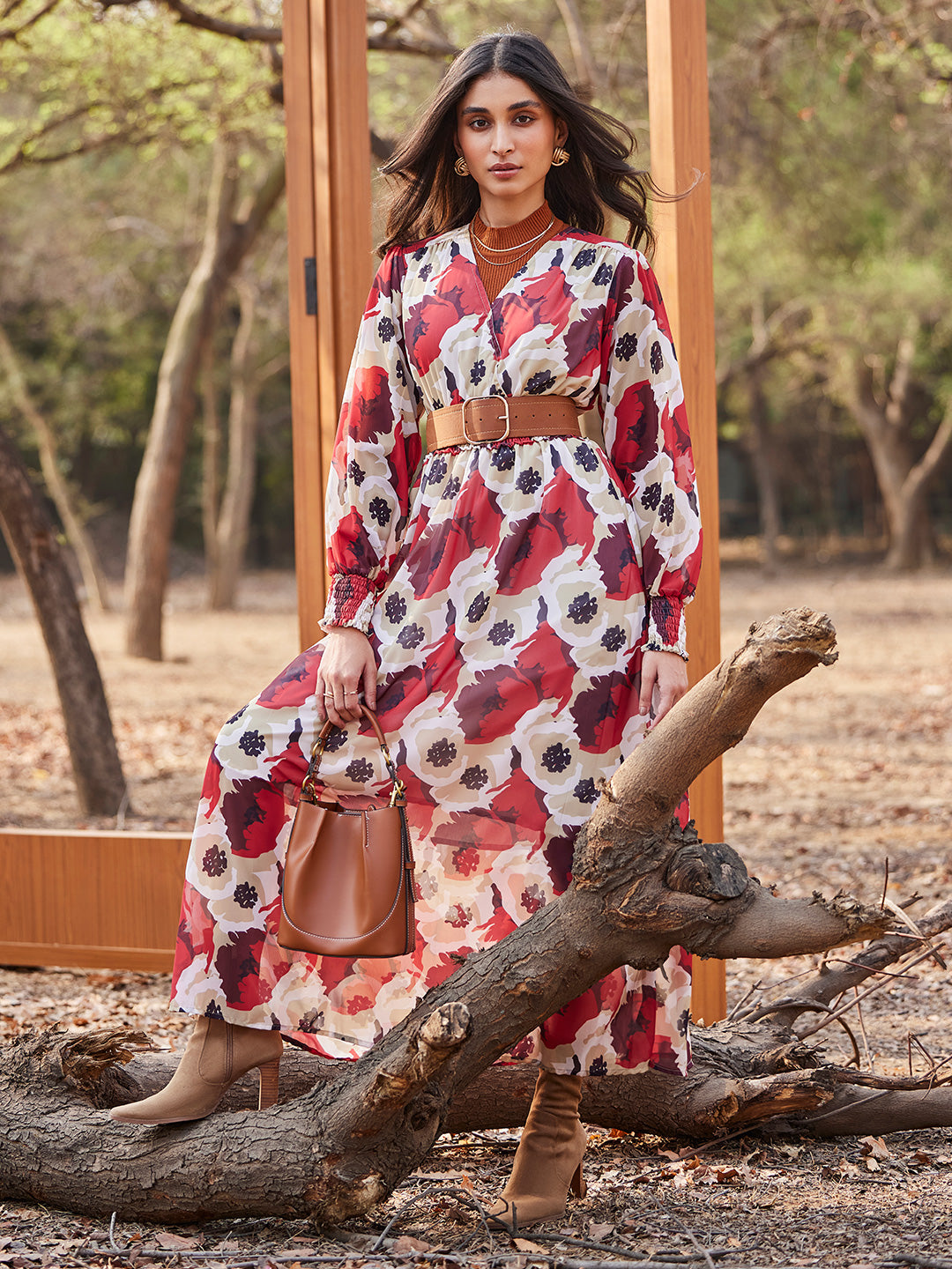 Red Floral Print V-Neck Dress