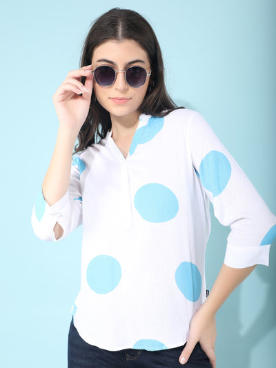 Blue Polka Dots Linen Top-Women Tops-Crimsoune Club