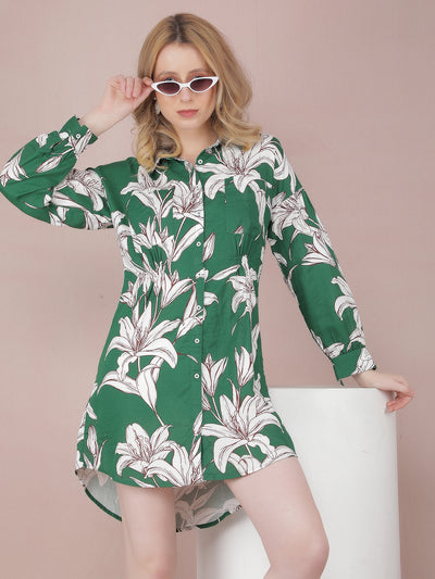 Green Floral Print 100% Cotton Mini Shirt Dress-Women Dresses-Crimsoune Club