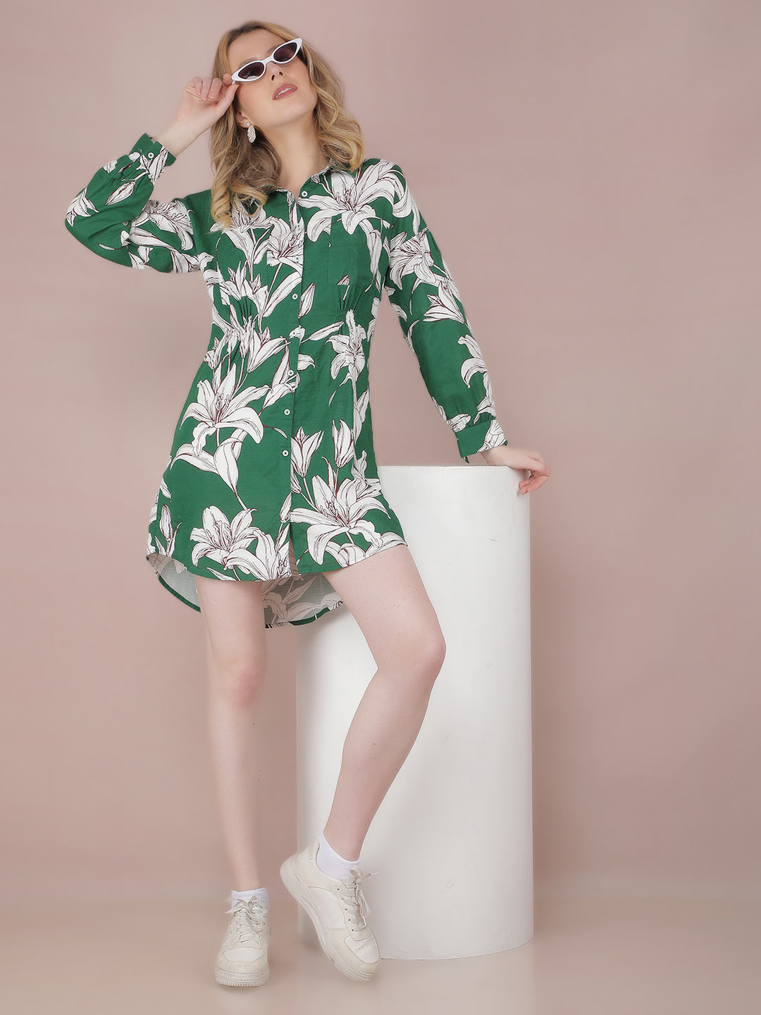 Green Floral Print 100% Cotton Mini Shirt Dress-Women Dresses-Crimsoune Club