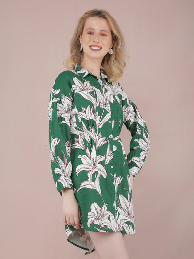 Green Floral Print 100% Cotton Mini Shirt Dress-Women Dresses-Crimsoune Club