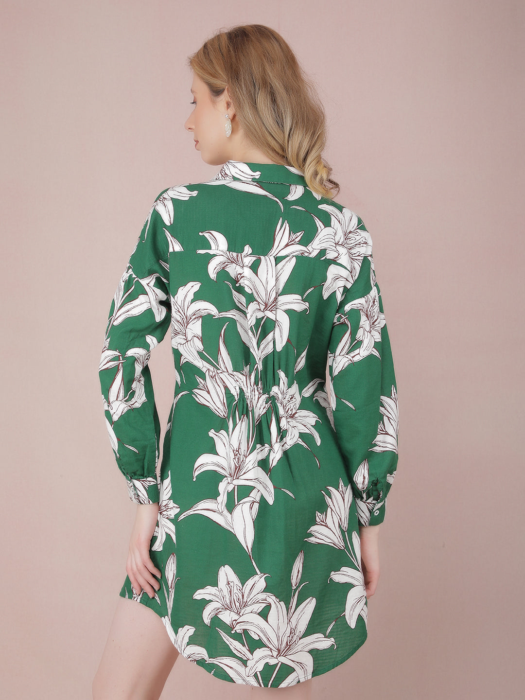 Green Floral Print 100% Cotton Mini Shirt Dress-Women Dresses-Crimsoune Club