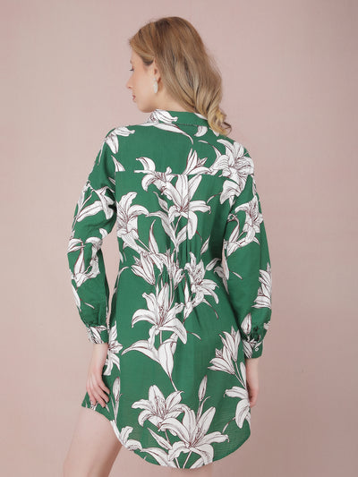 Green Floral Print 100% Cotton Mini Shirt Dress-Women Dresses-Crimsoune Club