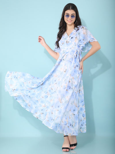 Blue Floral Print & Flare Dress-Women Dresses-Crimsoune Club