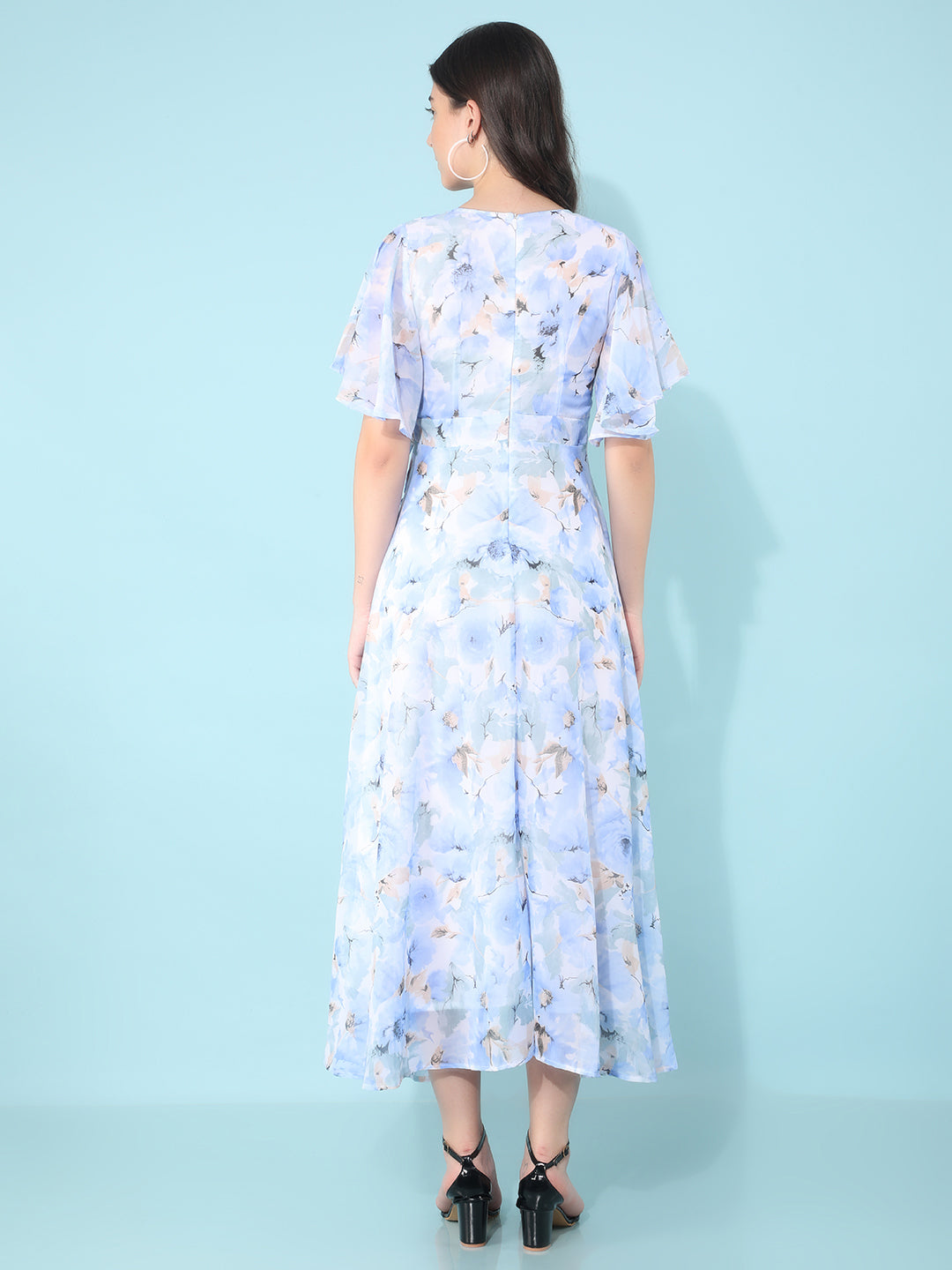 Blue Floral Print & Flare Dress-Women Dresses-Crimsoune Club