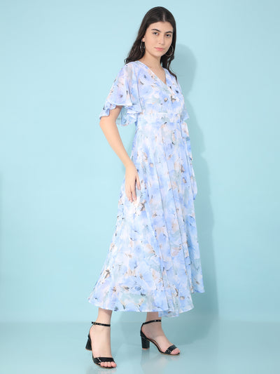 Blue Floral Print & Flare Dress-Women Dresses-Crimsoune Club