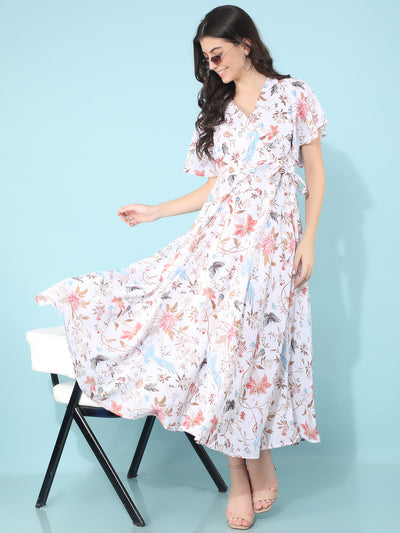 White Floral Print A-Line Dress-Women Dresses-Crimsoune Club