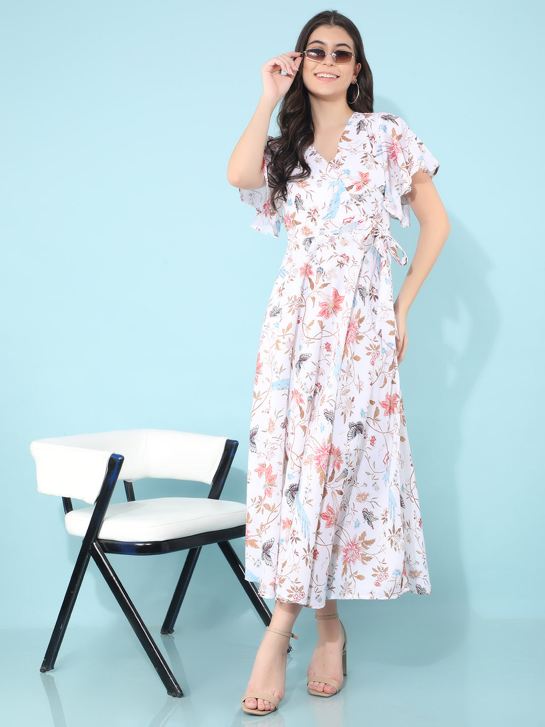 White Floral Print A-Line Dress-Women Dresses-Crimsoune Club