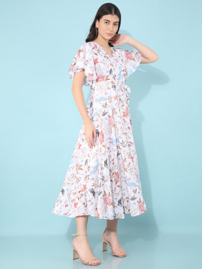 White Floral Print A-Line Dress-Women Dresses-Crimsoune Club