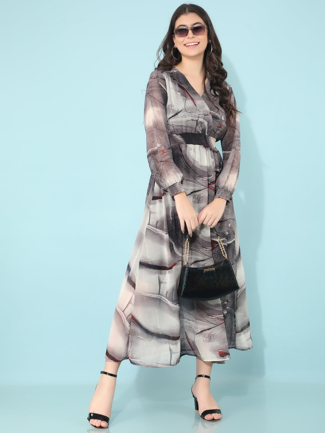 Grey Printed Linen A-Line Dress-Women Dresses-Crimsoune Club