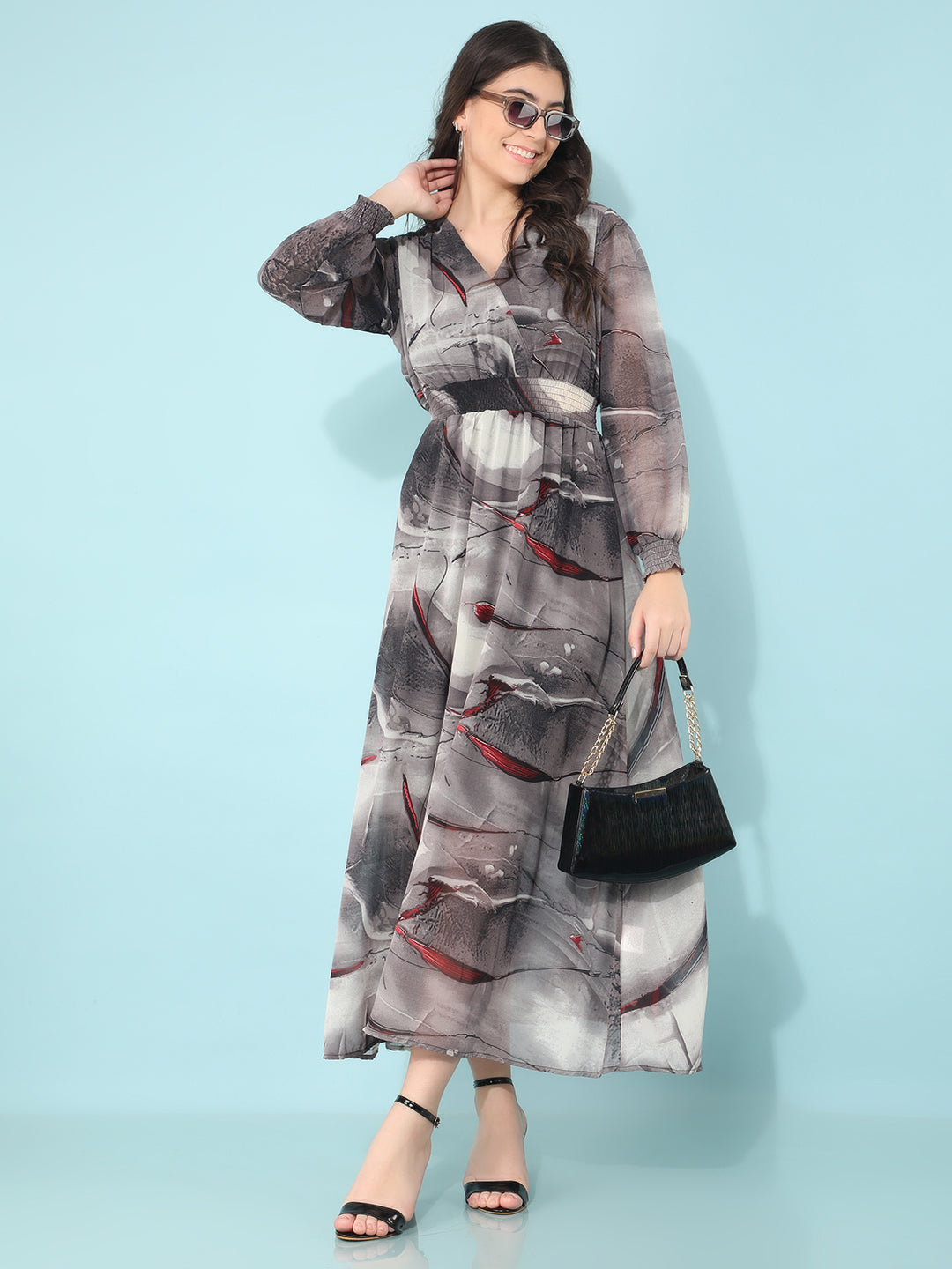 Grey Printed Linen A-Line Dress-Women Dresses-Crimsoune Club