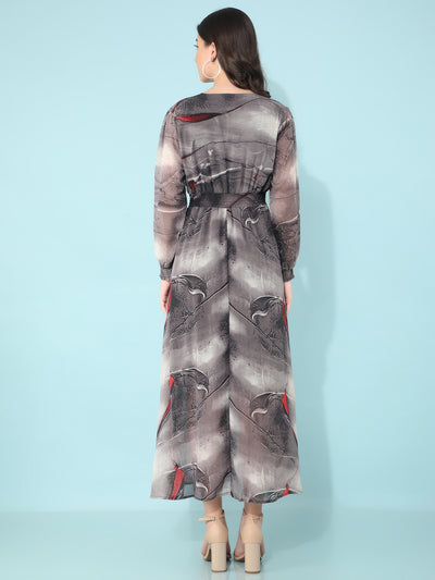 Grey Printed Linen A-Line Dress-Women Dresses-Crimsoune Club