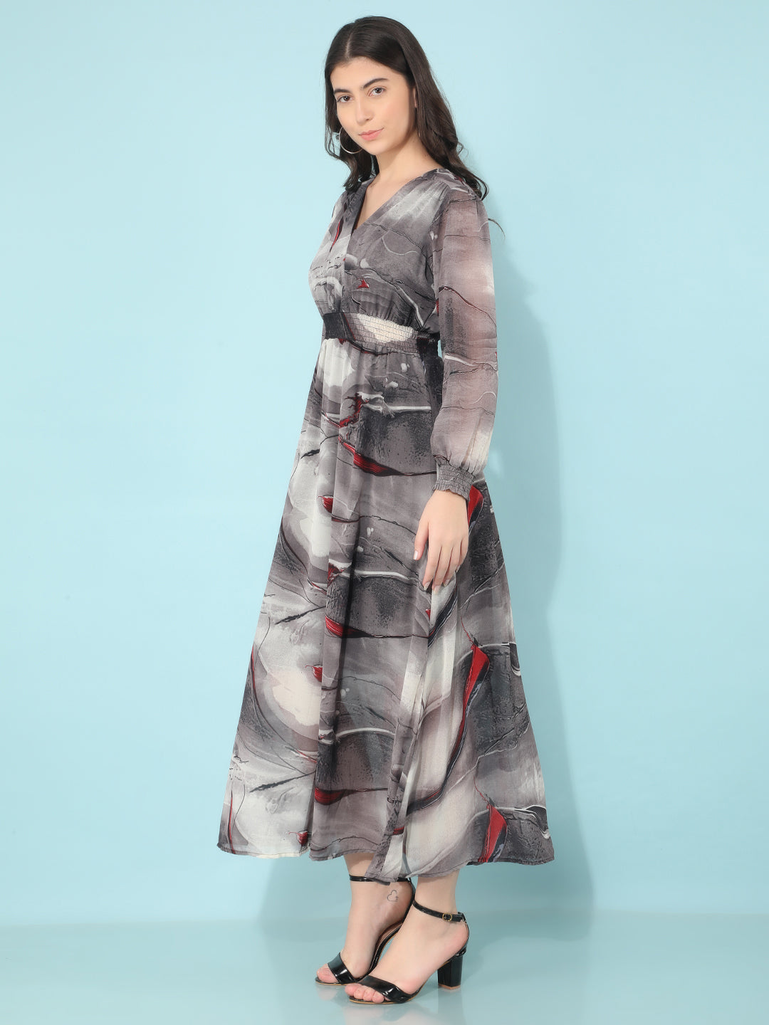 Grey Printed Linen A-Line Dress-Women Dresses-Crimsoune Club