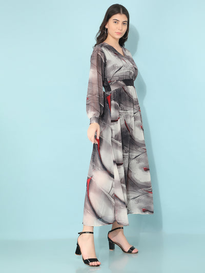 Grey Printed Linen A-Line Dress-Women Dresses-Crimsoune Club