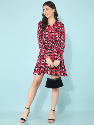 Printed Red A-Line Dress-Women Dresses-Crimsoune Club