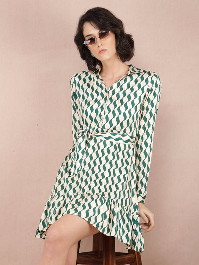 Green Printed Mini Shirt Dress-Women Dresses-Crimsoune Club