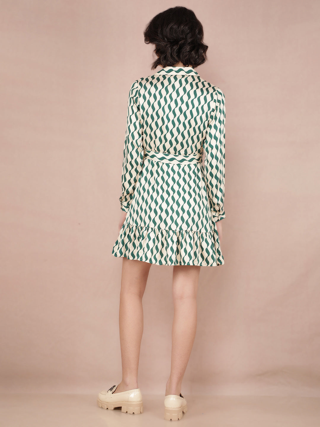 Green Printed Mini Shirt Dress-Women Dresses-Crimsoune Club