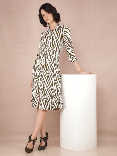 Olive Abstract Print Shirt Dress With Fabric Belt-Women Dresses-Crimsoune Club