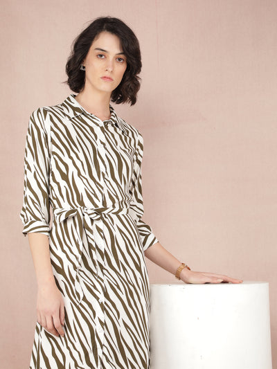 Olive Abstract Print Shirt Dress With Fabric Belt-Women Dresses-Crimsoune Club