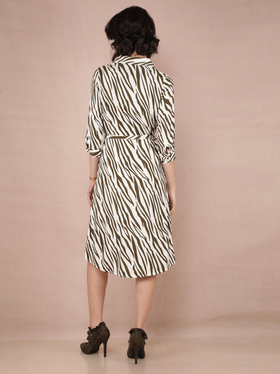 Olive Abstract Print Shirt Dress With Fabric Belt-Women Dresses-Crimsoune Club