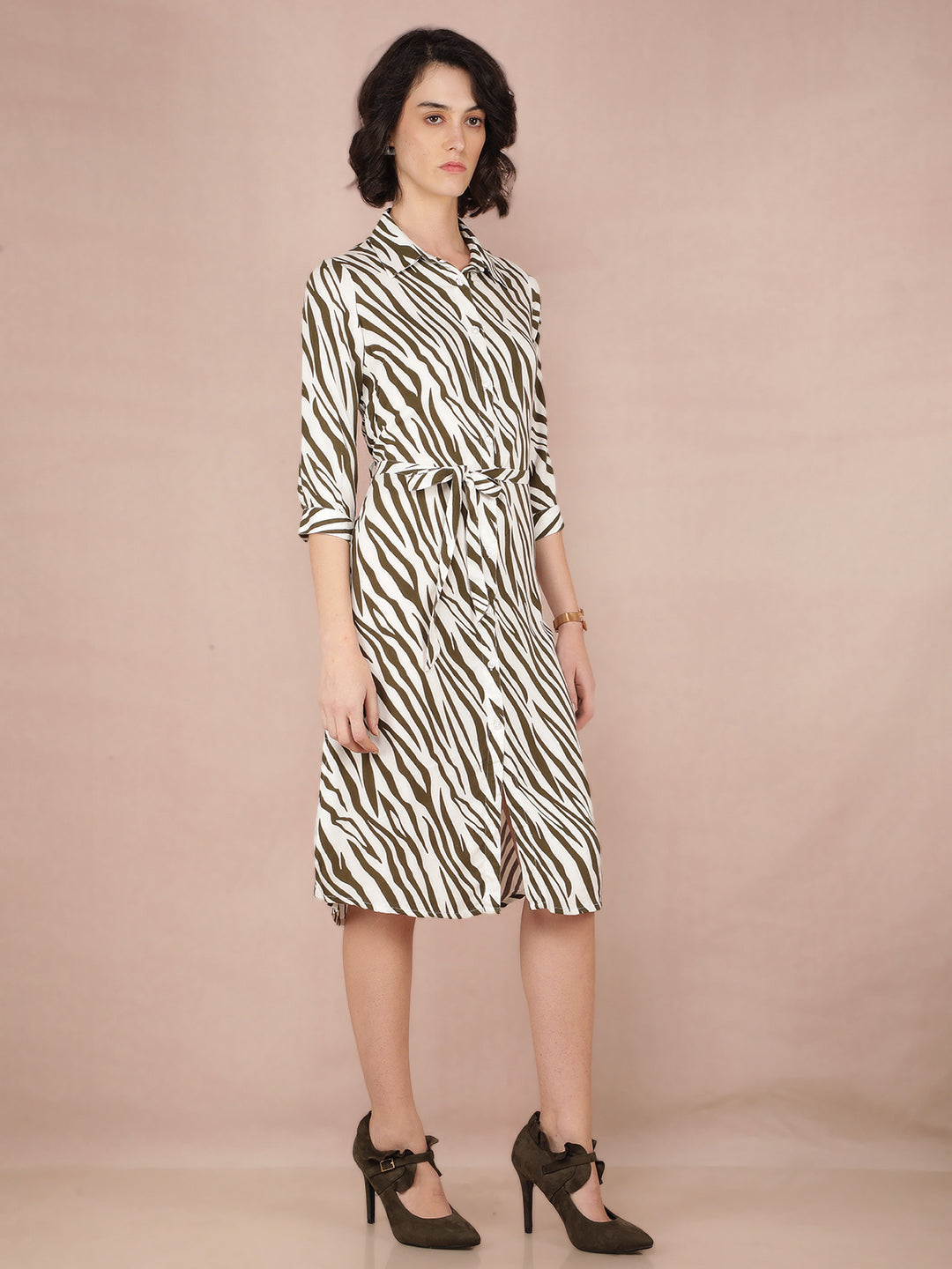 Olive Abstract Print Shirt Dress With Fabric Belt-Women Dresses-Crimsoune Club