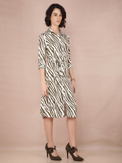 Olive Abstract Print Shirt Dress With Fabric Belt-Women Dresses-Crimsoune Club