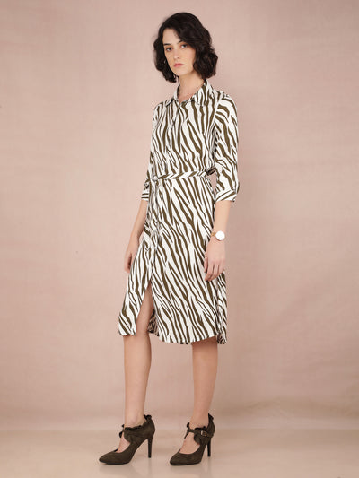 Olive Abstract Print Shirt Dress With Fabric Belt-Women Dresses-Crimsoune Club