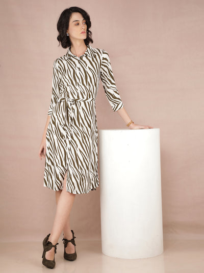 Olive Abstract Print Shirt Dress With Fabric Belt-Women Dresses-Crimsoune Club