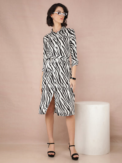 Black Abstract Print Shirt Dress With Fabric Belt-Women Dresses-Crimsoune Club