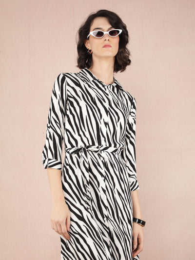 Black Abstract Print Shirt Dress With Fabric Belt-Women Dresses-Crimsoune Club