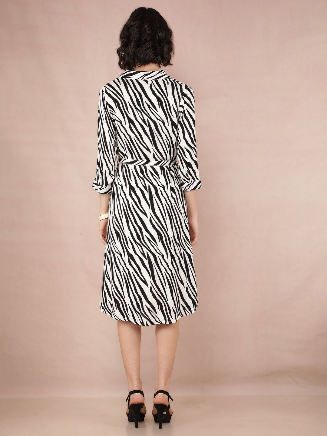 Black Abstract Print Shirt Dress With Fabric Belt-Women Dresses-Crimsoune Club