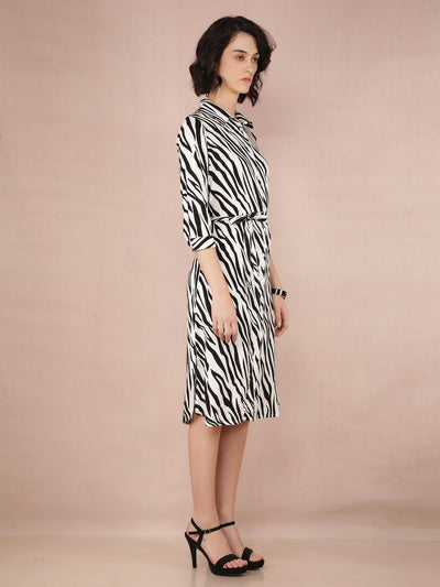 Black Abstract Print Shirt Dress With Fabric Belt-Women Dresses-Crimsoune Club