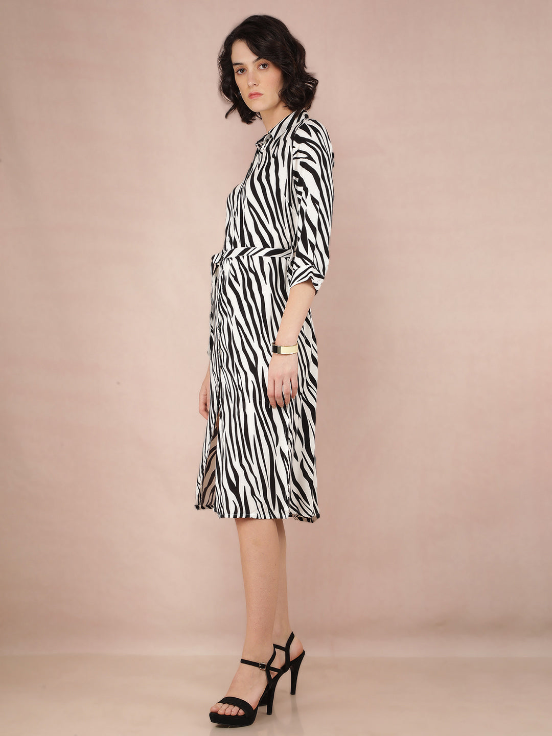 Black Abstract Print Shirt Dress With Fabric Belt-Women Dresses-Crimsoune Club