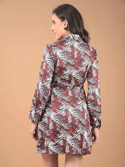 Maroon Abstract Print Notched Lapel Mini Dress