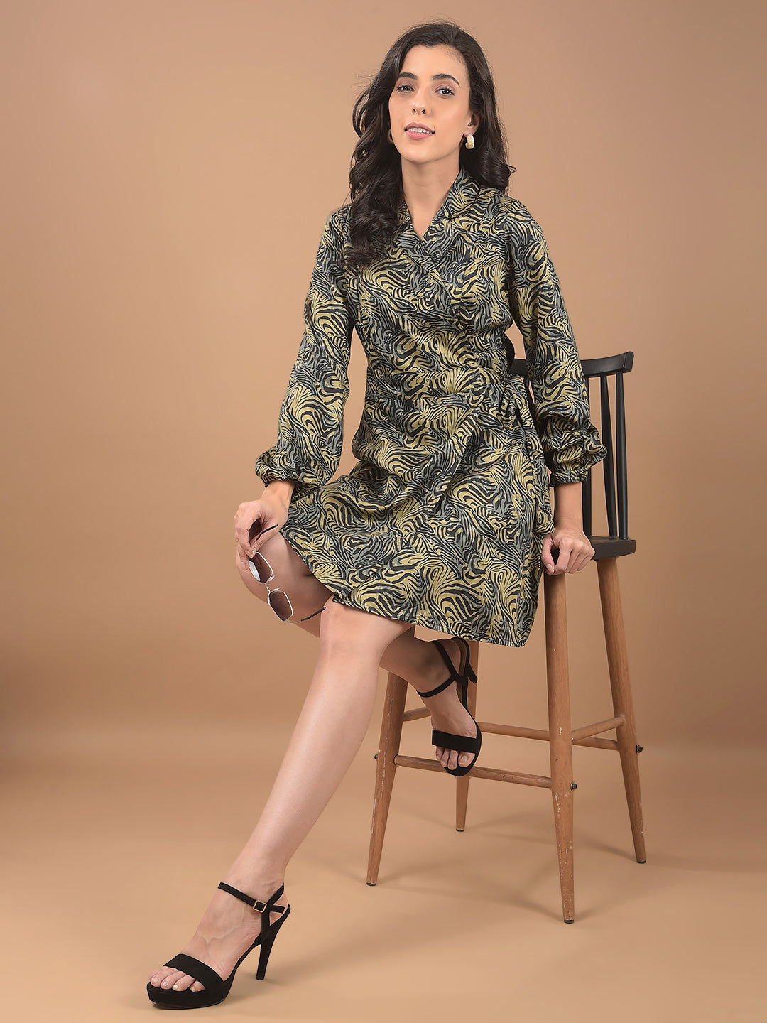 Olive Abstract Print Notched Lapel Mini Dress