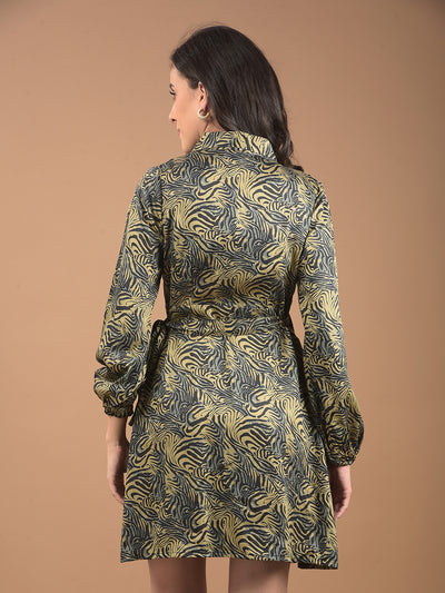 Olive Abstract Print Notched Lapel Mini Dress