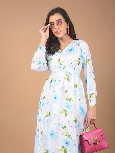 Blue Floral Print V-Neck Dress