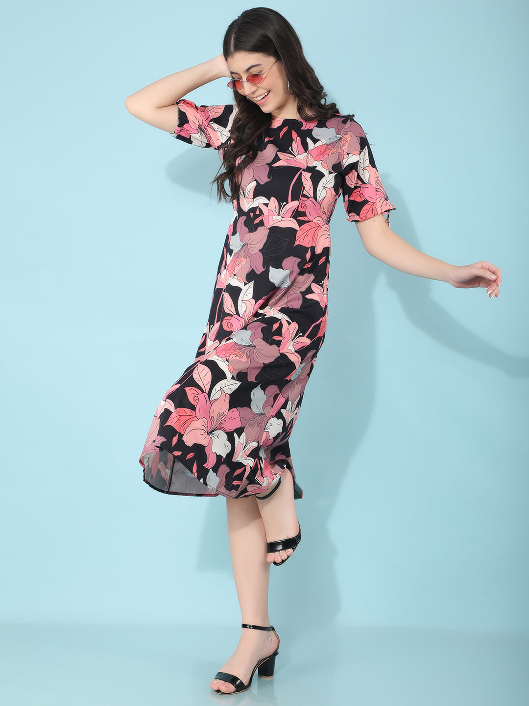 Black Floral Print A-Line Dress-Women Dresses-Crimsoune Club