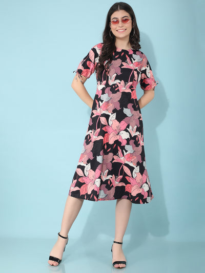 Black Floral Print A-Line Dress-Women Dresses-Crimsoune Club