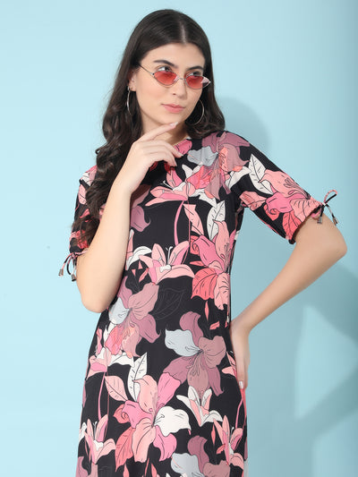 Black Floral Print A-Line Dress-Women Dresses-Crimsoune Club