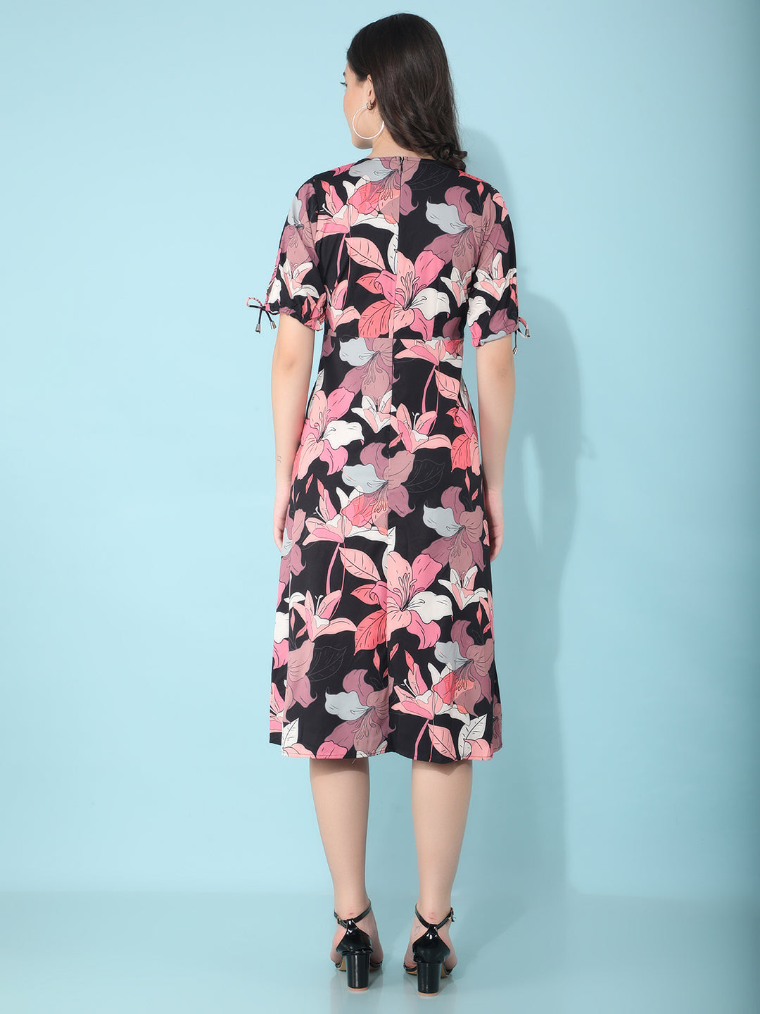 Black Floral Print A-Line Dress-Women Dresses-Crimsoune Club