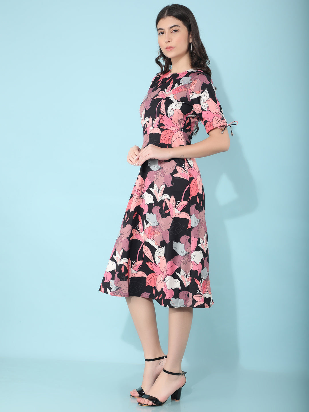 Black Floral Print A-Line Dress-Women Dresses-Crimsoune Club