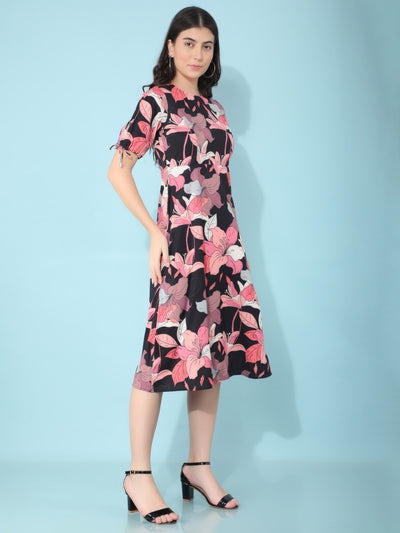 Black Floral Print A-Line Dress-Women Dresses-Crimsoune Club