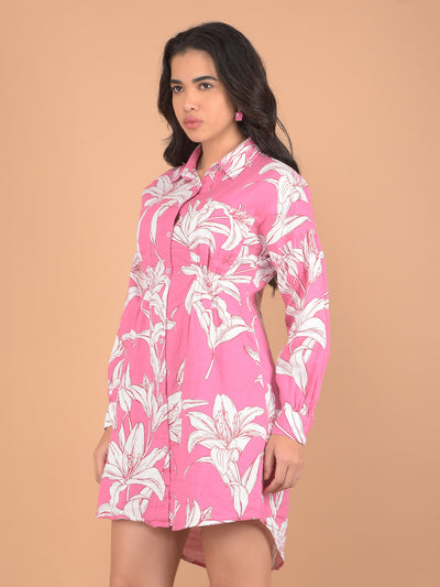 Pink Floral Print 100% Cotton Mini Shirt Dress-Women Dresses-Crimsoune Club