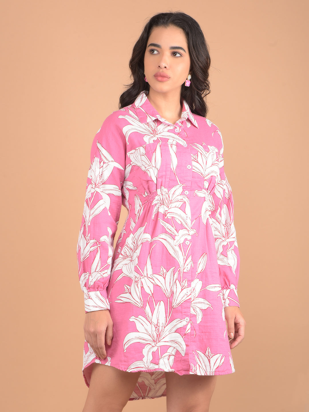 Pink Floral Print 100% Cotton Mini Shirt Dress-Women Dresses-Crimsoune Club