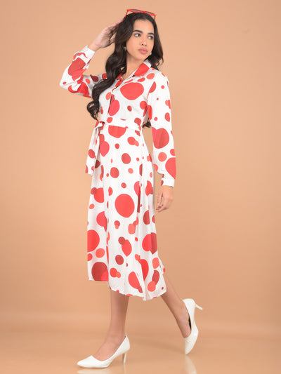 Red Polka Dots Midi Length A-Line Dress-Women Dresses-Crimsoune Club