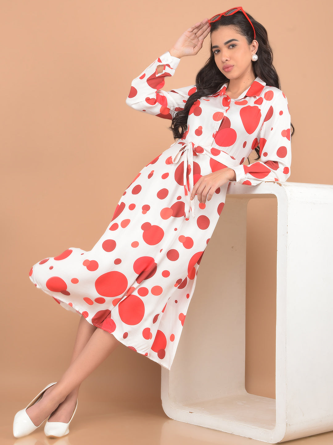 Red Polka Dots Midi Length A-Line Dress-Women Dresses-Crimsoune Club