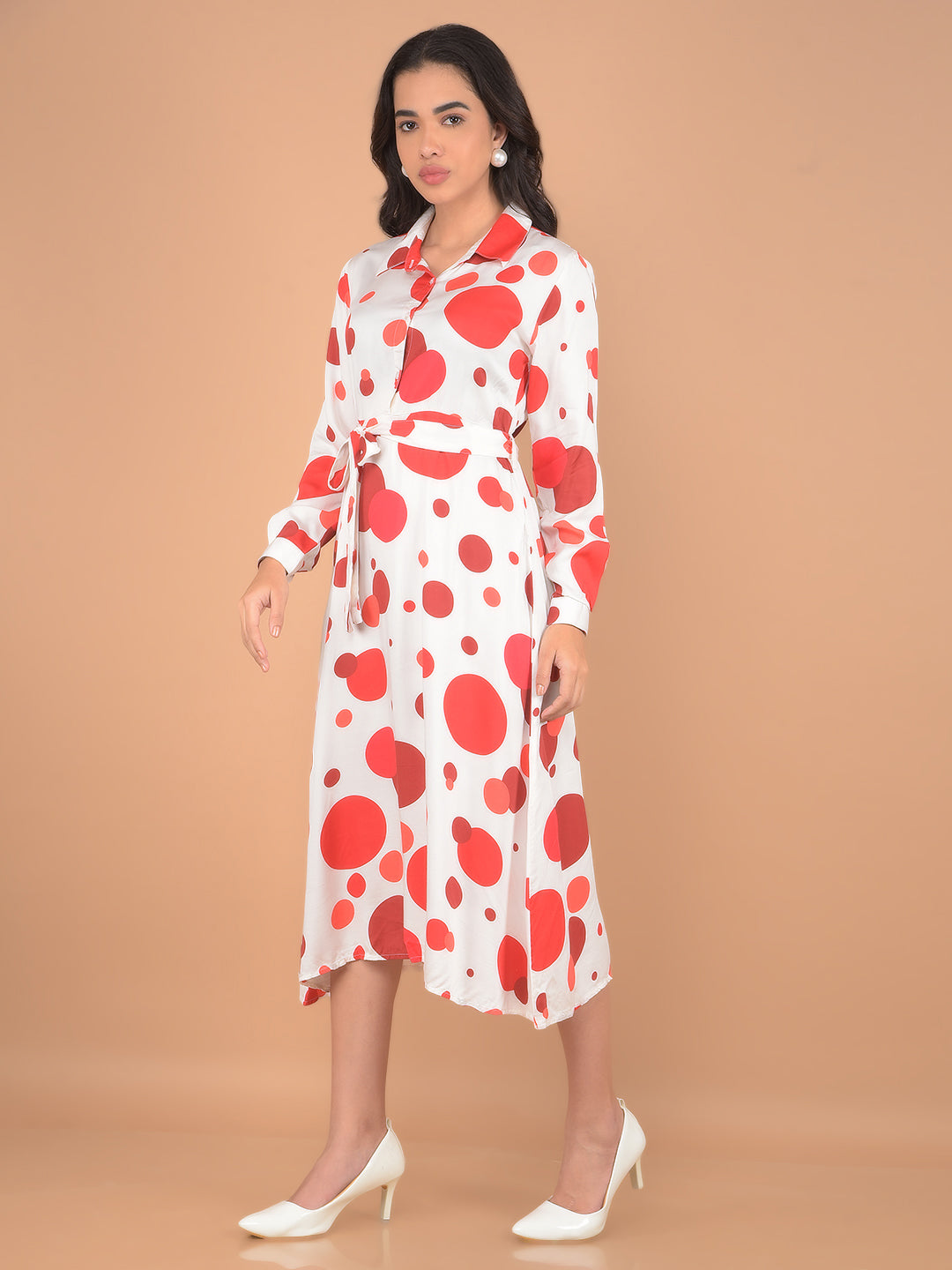 Red Polka Dots Midi Length A-Line Dress-Women Dresses-Crimsoune Club