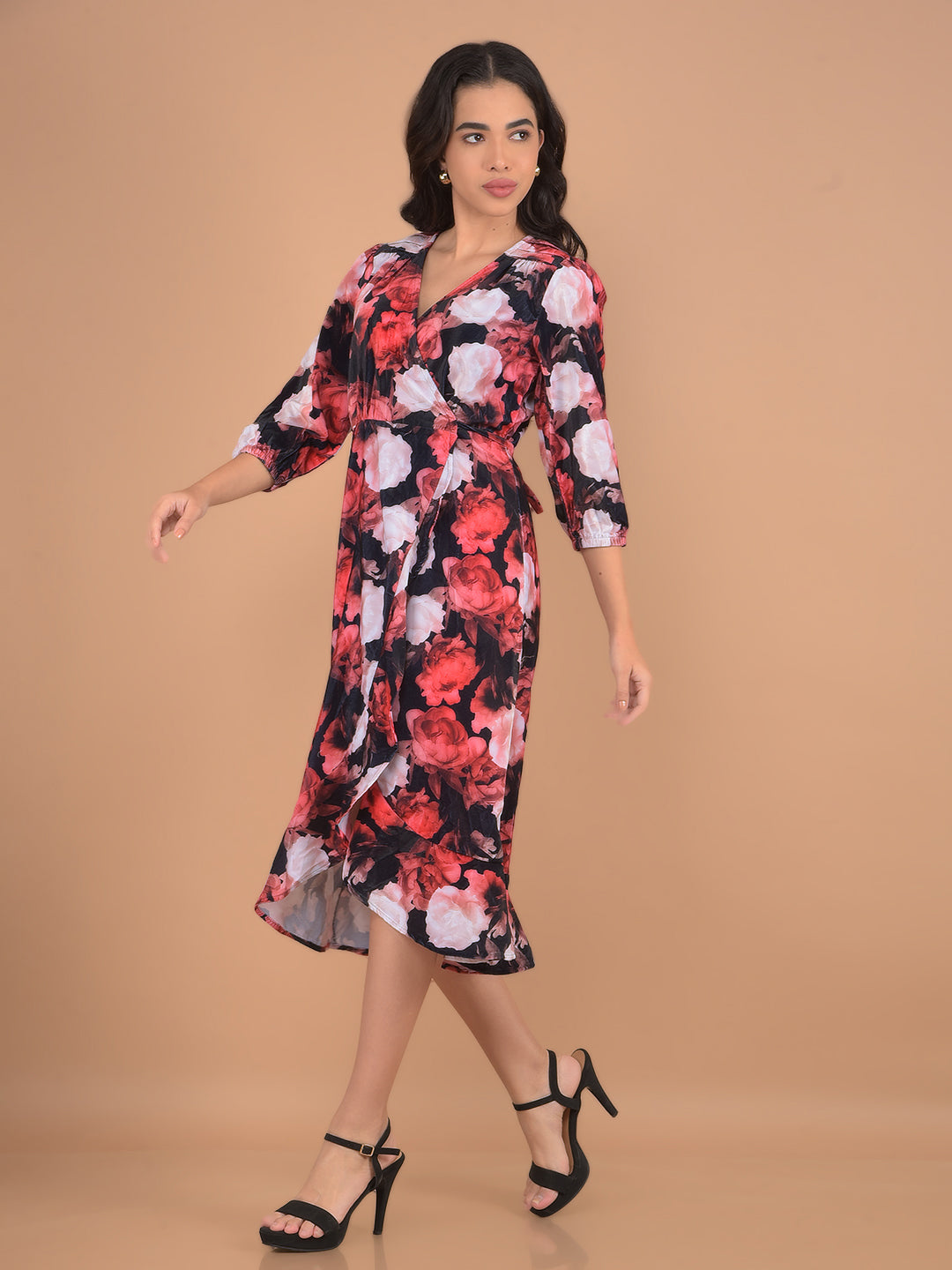 Red Floral Print Midi Length A-Line Dress